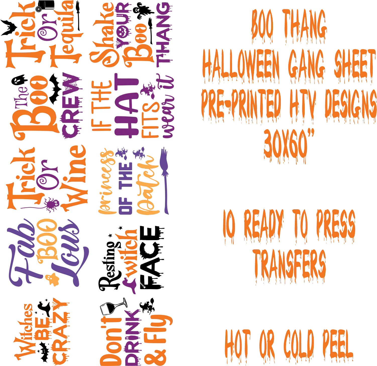 Boo Thang DTF Transfer Sheet - Halloween Themed Design with Fun Quotes and Spooky Graphics for Creative Projects