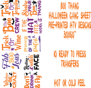 Boo Thang DTF Transfer Sheet - Halloween Themed Design with Fun Quotes and Spooky Graphics for Creative Projects