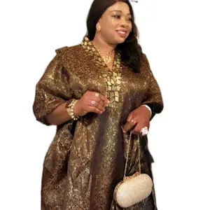 Regal Brocade Luxury Gold Embellished European Jacquard Brocade Rich Aunty Agbada Bubu Maxi Kaftan Dress with Matching Scarf,  Elegant Casual Womenswear Comfort