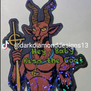 DarkDiamondDesigns13 Hand Drawn Ghost Kiss The Go-Goat Sticker Hey Baby Kiss The Goat Glittery Artwork
