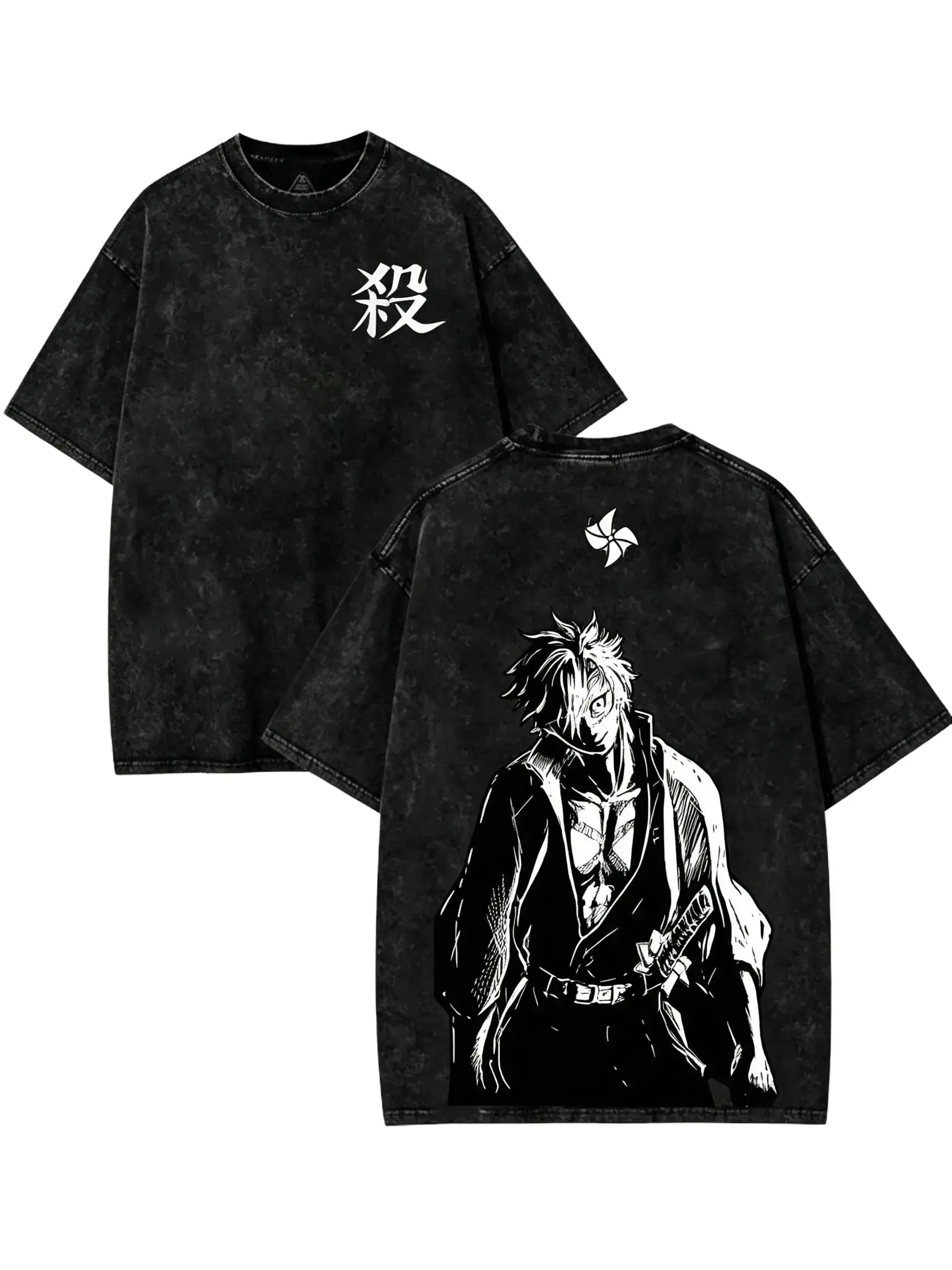 Vintage Acid Wash Anime Graphic Tee Oversized Sanemi Shinazugawa Demon Slayer Heavyweight T-Shirt Unisex Wind Hashira Streetwear