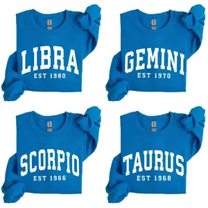 (Leave A Note or DM to Shop) Custom Zodiac with Est Year Sweatshirt - Royal blue Color, Horoscope Astrology Graphic Hoodie, Unisex Crewneck Hoodie, Personalized Zodiac Energy Gift for Birthday, Star Sign Lover