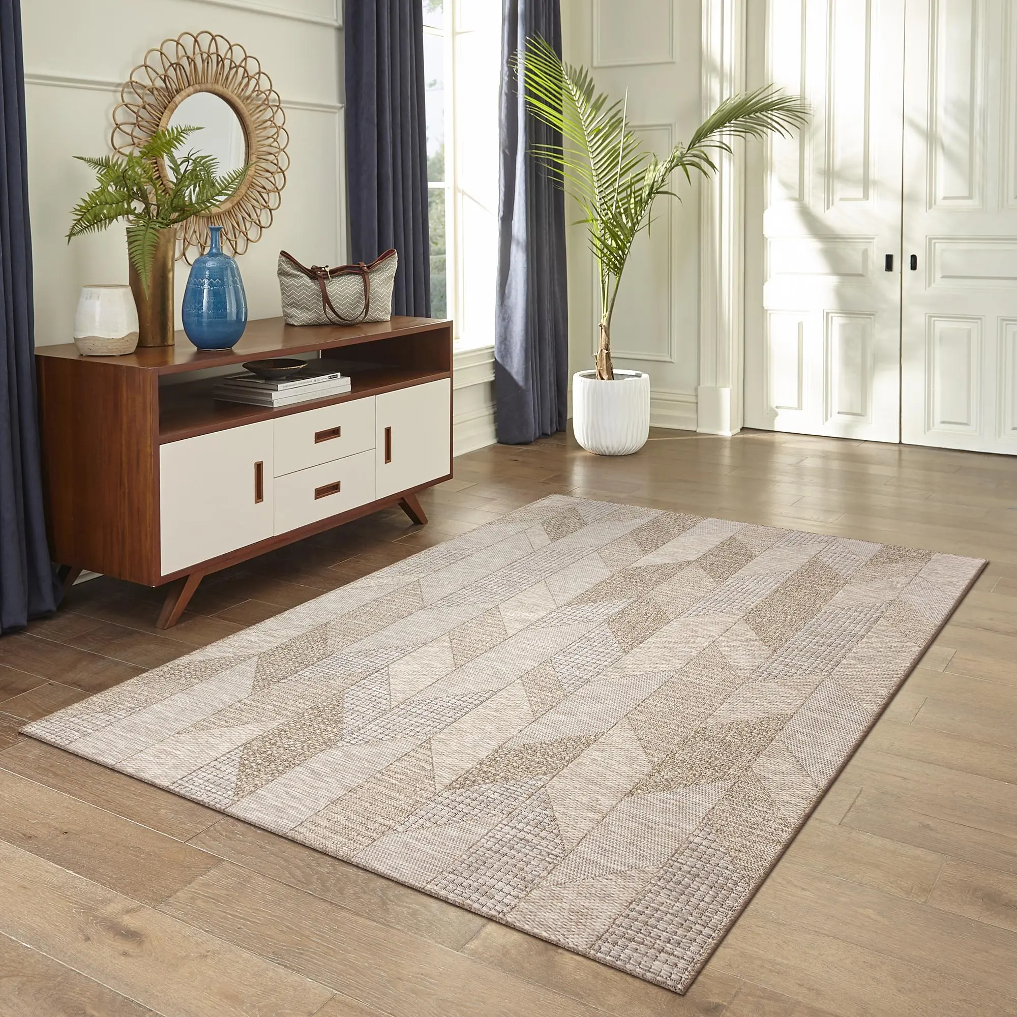 Lush Decor ORLY Angles Collage Style Area Rug - Power-Loomed Polypropylene, Low-Profile, Water Resistant, Indoor/Outdoor, Contemporary Geometric Casual Neutral Carpet for Home Office, Bedroom, Entry, Foyer, Uv Protected