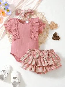 Ready Stock Newborn to Infant Baby Girls Summer Stylish Outfits Short Sleeve Ruffle Romper Tops&Elastics Front Bow Short Skirt with Bow Decor 3pcs Pink 22412087