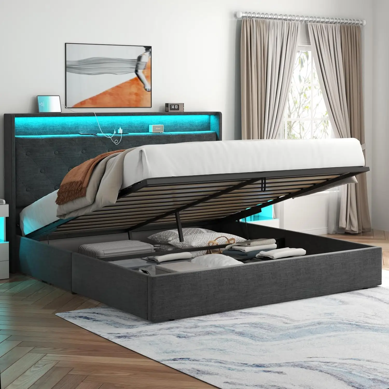 Full, Queen, King Lift Up Bed Frame with Charging Station, LED Lights, Button Tufted Wingback Storage Headboard, Hydraulic Storage, Dark Grey Furnitur