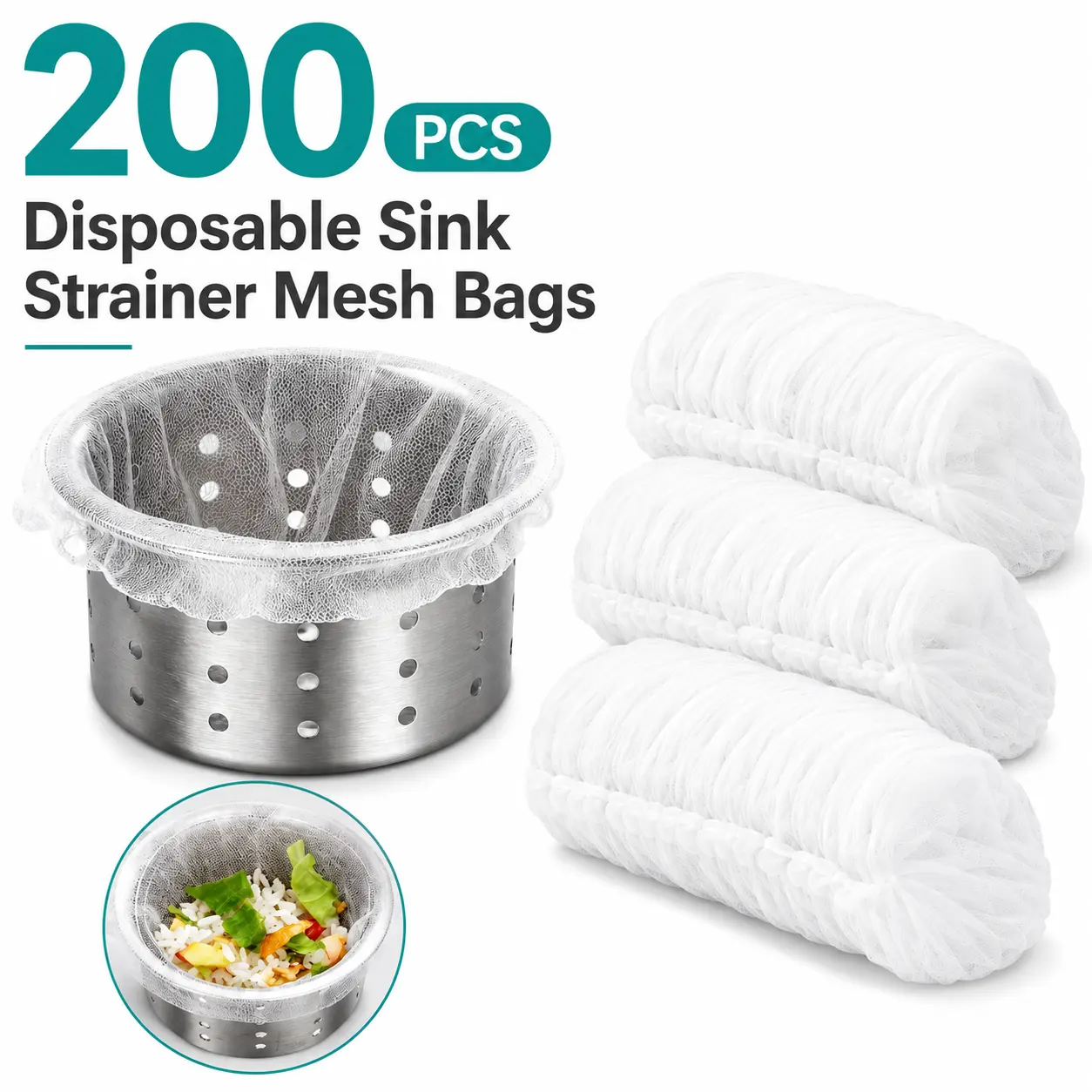 Buy 200 Get 200 Free, 400 PCS Disposable Sink Strainer Mesh Bags, Ultra-Fine Kitchen Drain Filter Nets with Stretchable Elastic Edge, Anti-Clog Food Waste Catchers for Home, Apartment, RV & Camper Sinks