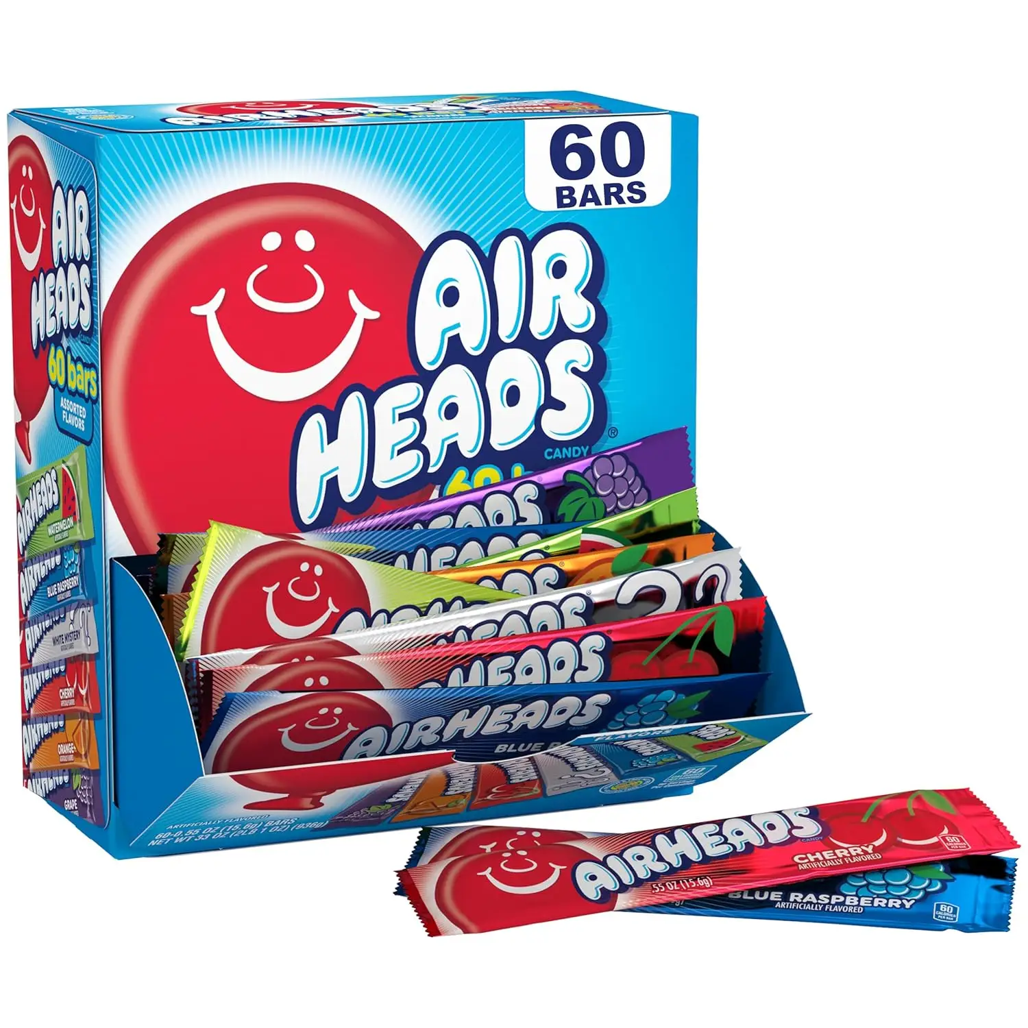 Airheads Bars, Variety Bulk Box, Chewy Full Size Fruit Taffy, Non Melting, Party, 60 Individually Wrapped Full Size Bars Snack Candy Bonbon Sweet
