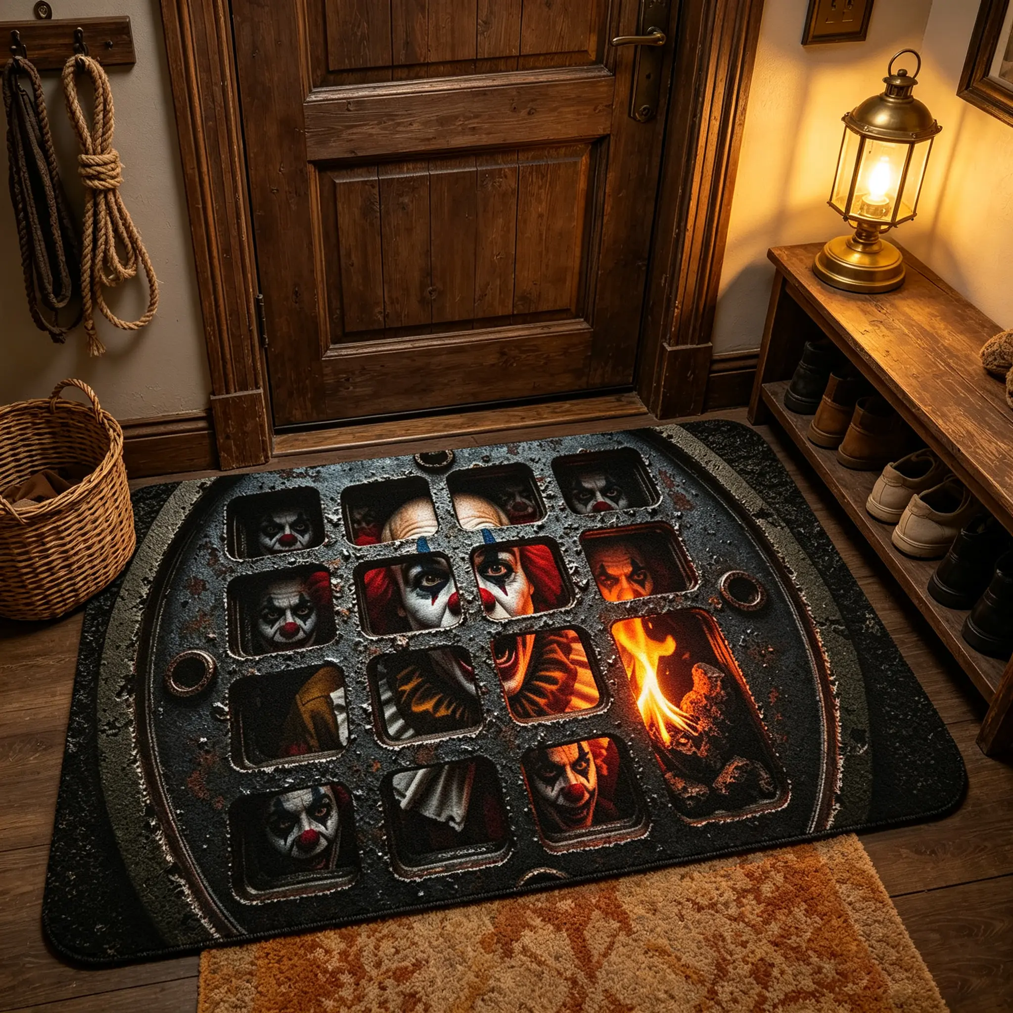 [Classic Horror-Vibes Flannel Doormat] Single Flannel Fabric Doormat for Home Doorstep & Doorway Entry, Featuring Rusted Metal Matrix Design with Fiery Charcoal Totem