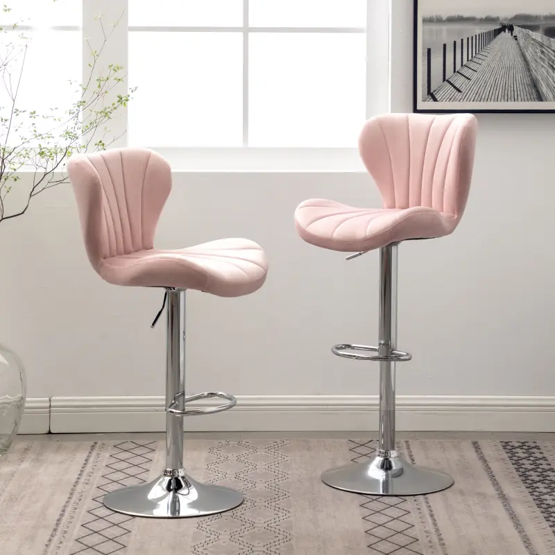 Bellemave Ellston Durable Velvet 2-Seater Home Bar Stools (Pink, Model PC231PI) - 360-Degree Adjustable Swivel & Lift, Gas-Lift Height Range, Vertical Lines, Bucket Seats, Rolling Base, Glam Indoor Adjustable Home Bar Furniture