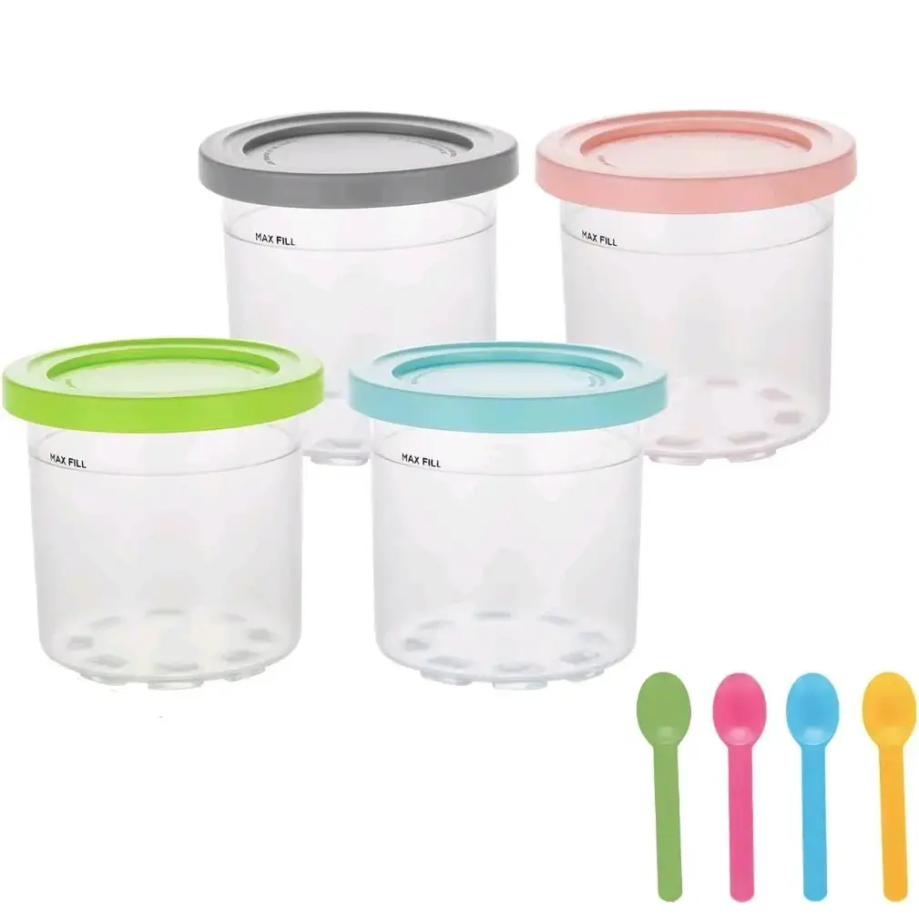 JX Habitat 4-Pack Extra Pints and Lids Replacement Set for ninja Creami - 16oz Containers Compatible with Ninja NC301, NC300, NC299AMZ Ice Cream Makers - Dishwasher Safe, Leak-Proof with Bonus Spoons Desserts