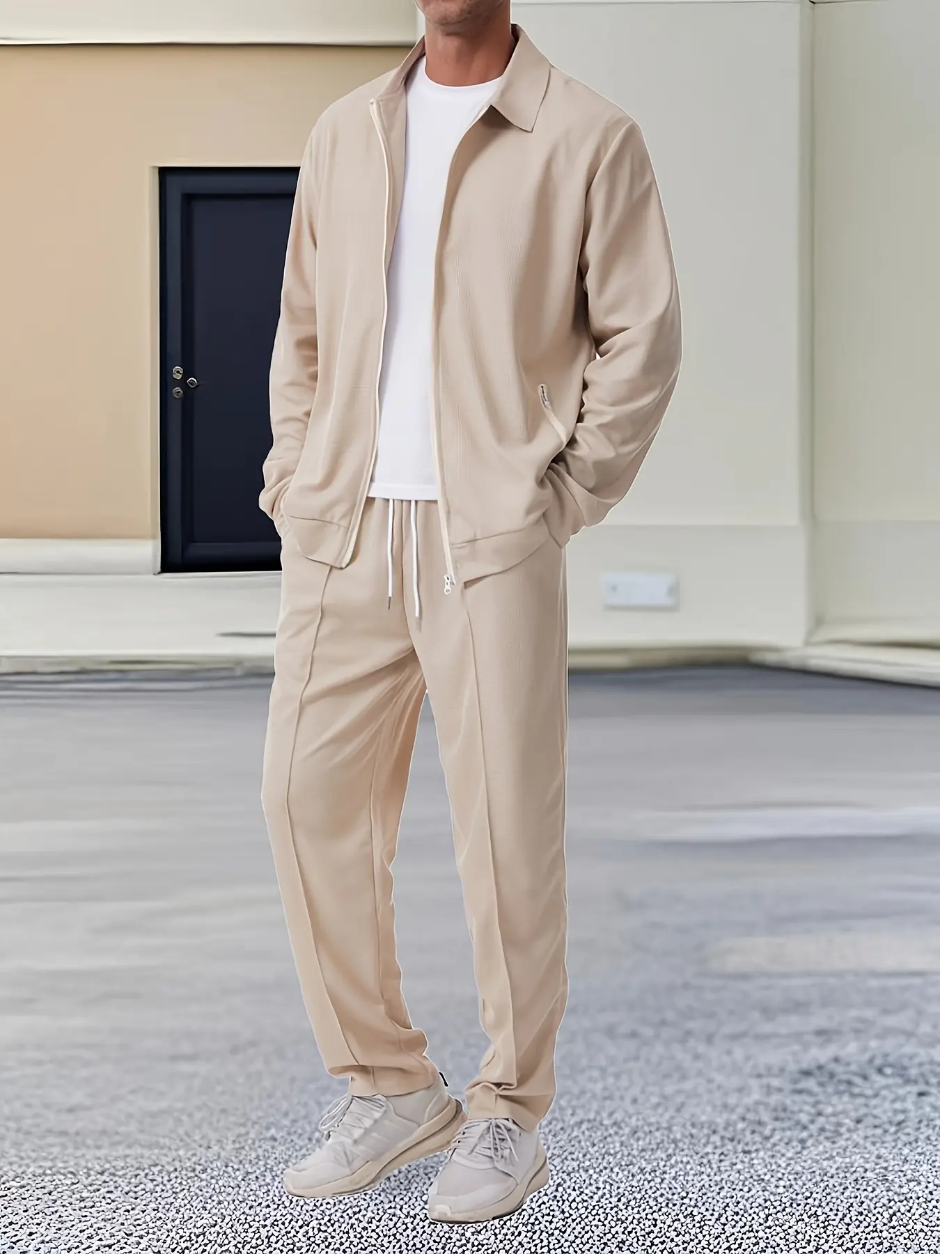 Men's solid color long sleeved 2-piece sports set, zipper jacket and pants set, suitable for outdoor sports