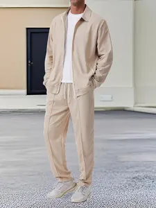 Men's solid color long sleeved 2-piece sports set, zipper jacket and pants set, suitable for outdoor sports