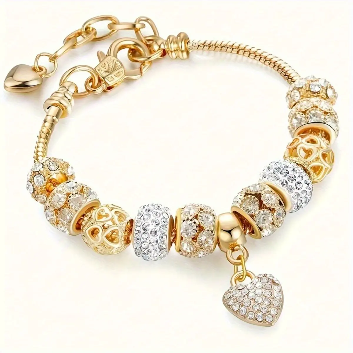Sparkling Golden Heart Charm Bracelet - Dazzling Large Hole Beads,  Boho Chic Handcrafted String - Fashion-Forward Trendy Style