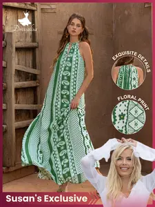 Boho Style Halter Backless Maxi Dress with Print, Casual for Beach Vacation, Weekend Walks, Picnics, and Festive Activities