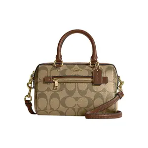 COACH Rowan 16 Mini Boston Bag for Women – Classic Monogram Faux Leather in Gold and Khaki