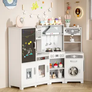 Arlopu Wooden Corner Play Kitchen, Large Ultimate Interactive Toddler Pretend Kids Kitchen Playset with Blackboard, Stove & Range Hood w/Light & Sound, Ice Maker, Washing Machine, 6 Toy Set