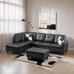 L-shaped Corner Sofa Set with Storage Ottoman Faux Leather Modern Style 3-seater for Living Room Bedroom Apartment Black & White Timeless Design