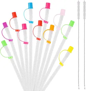 Multifunctional 24 Pack Bendable Straws and Covers. 11 Inch Long Flexible Straws. Reusable with Colored Caps and 2 Straw Cleaning Brushes