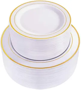 120 pieces Gold Disposable Plastic Plates - White and Gold Plates Include 10.25" Dinner Plate & 7.5" Salad Plate for Weddings/Party/Father's Day
