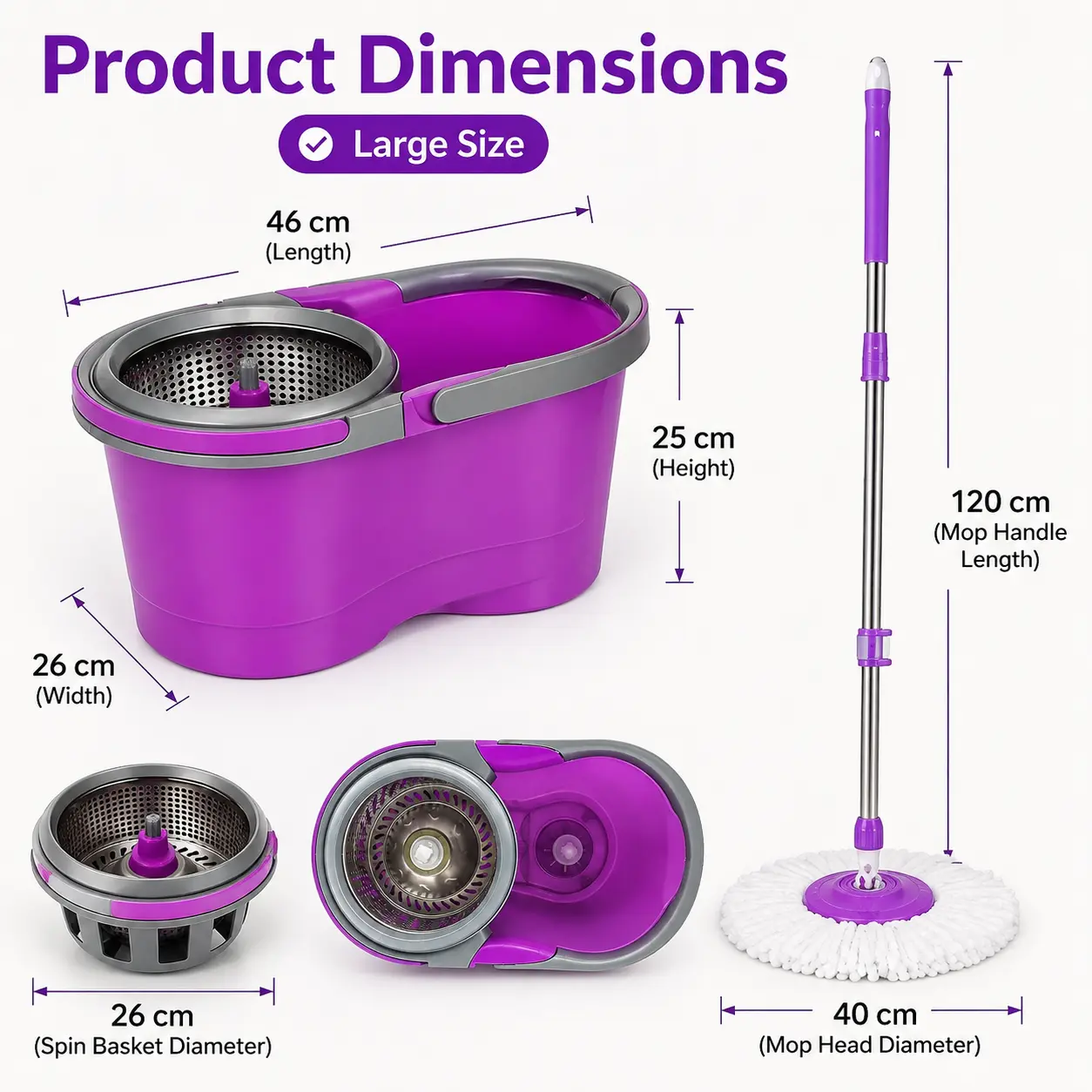 Spin Mop for Hard Floors - Home Floor Clean Tool for Home Users, Kitchen-Compatible, Large Size, Efficient User-Friendly Compact Design, Hands-Free Maneuverability, Purple & Grey, 18.90in x 10.63in x 11.22in Packaging, 4.28lbs Lightweight
