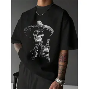 180gMen'S Black Mexican Skull Graphic T-Shirt - Day Of The Dead Design With Sombrero, Tequila Bottle & Floral Patterns, Short Sleeve, Casual Crew Neck, Perfect For Halloween & Mexican Celebrations, Halloween Shirts