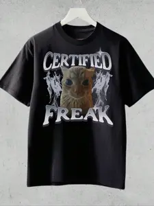 Women's Certified Freak Cat Print Round Neck Tee, Fashion Casual Crew Neck T-shirt for Daily Holiday Vacation Outdoor Wear, Ladies Clothes for Summer, Top