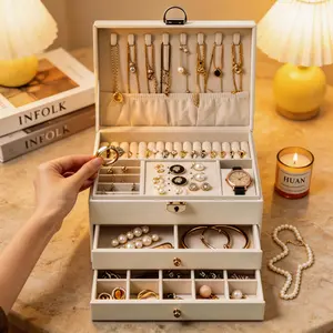 Ultimate 3-Tier Jewelry Aesthetic Organizer, Large Capacity Leather Jewelry Chest with Secure Lock, Must-Have Multi-Functional Watch & Accessory Storage Box.