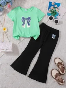 Summer Girls' 2-Piece Set Blue Sequin Bow Print T-Shirt + Bell Pants, Cute Loose-Fitting for Parties, Photoshoots, Daily Wear