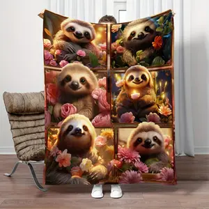 Cozy Cute Sloth Blanket – Pink Flower Splicing Flannel Fleece Throw, Soft and Lightweight All-Season Blanket for Sofa, Bed, Office, Travel, or Camping, Perfect Gift for Family and Friends
