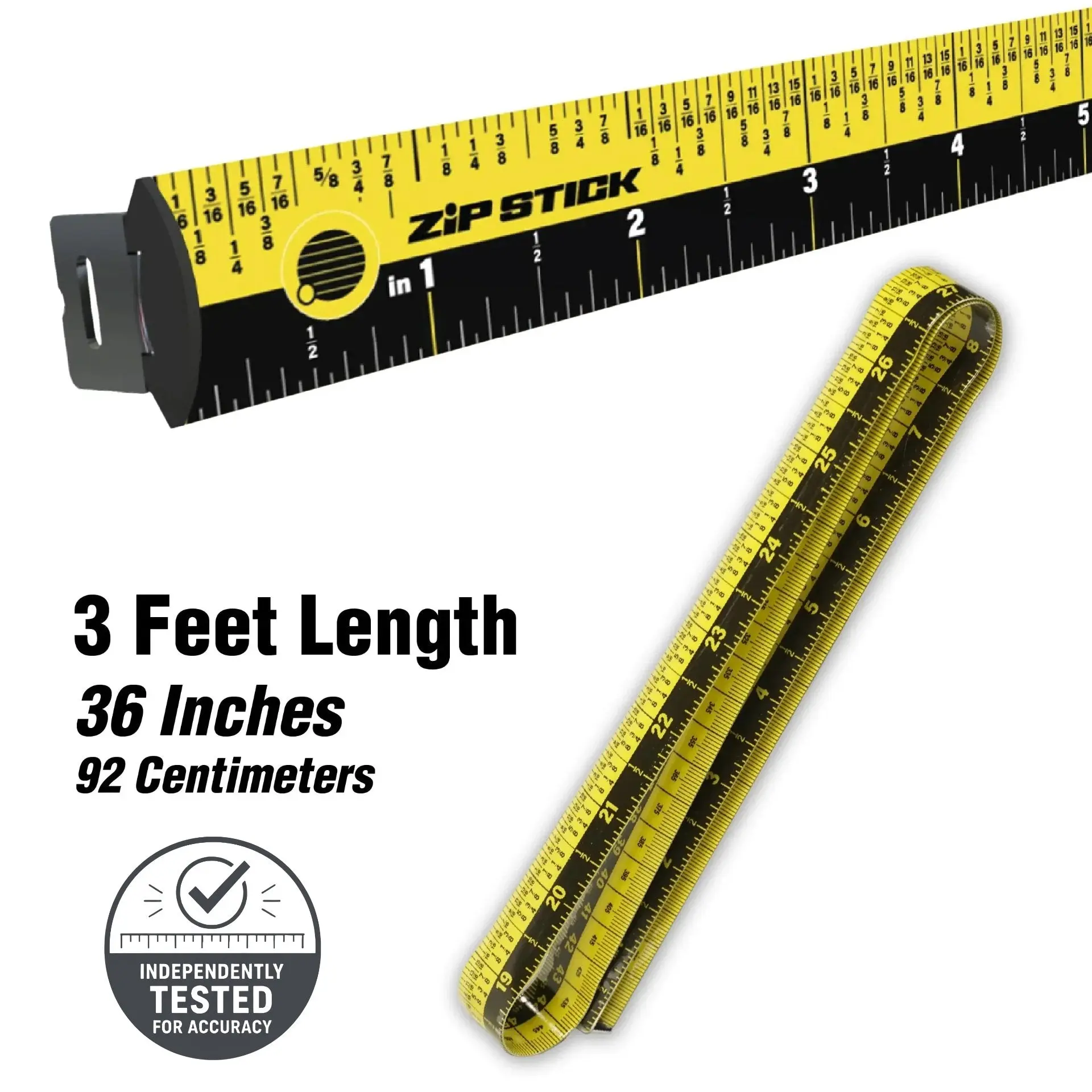 36 in Compact Magnetic Zip Stick Ruler - Durable, Easy Read Technology, Fractional Marks, Lays Flat Rigid, Magnetic Back, Stays Put on Metal, No Curled Tape/Recoil, Ideal for Solo Lumber Measurement & Cutting, Home/Office Use