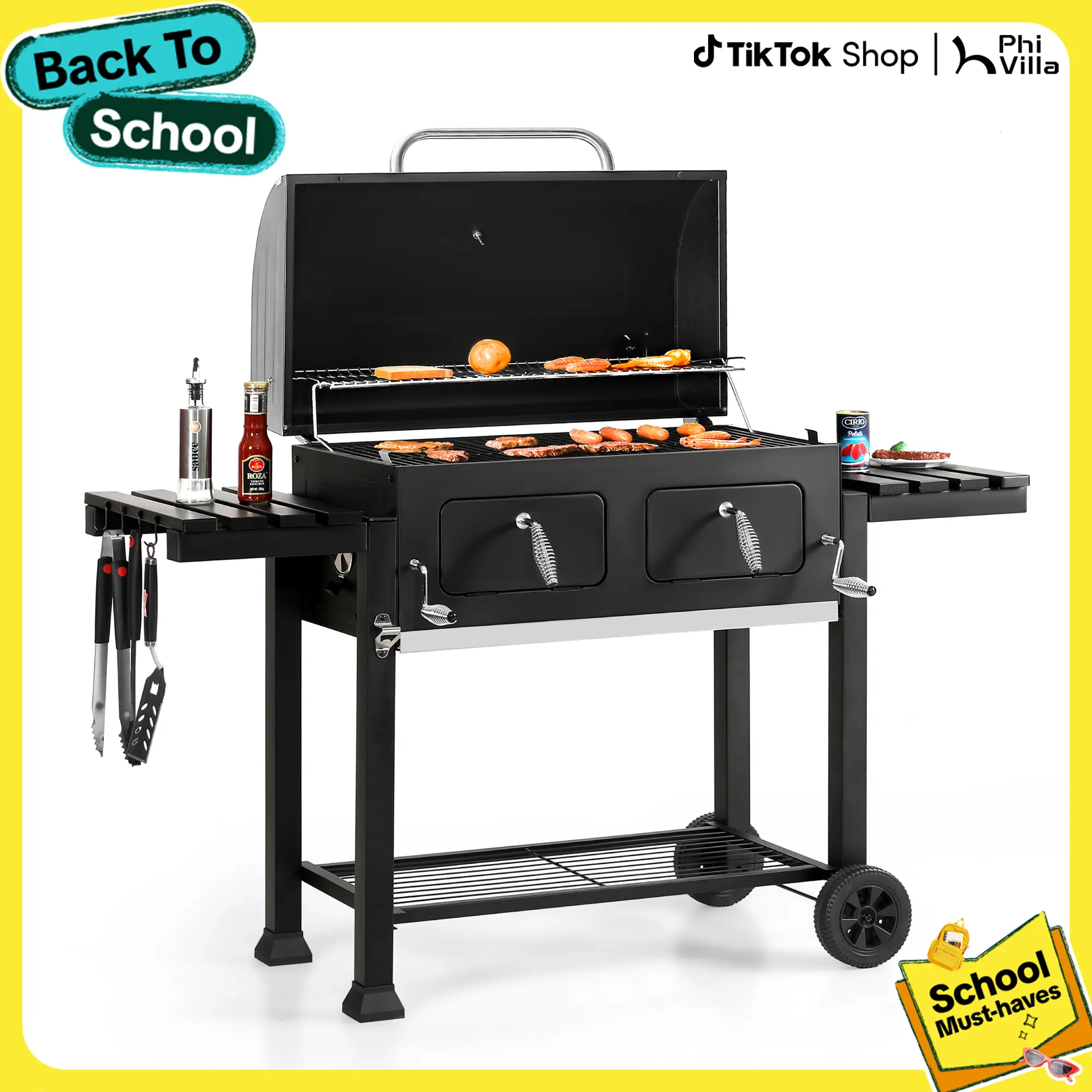 PHIVILLA Extra Large Charcoal BBQ Grill, 794 SQ.IN. Cooking Area, Easy Clean Full Size Ash Tray, Enamel Grilling Racks, Smokeless, Metal Iron Barbecue