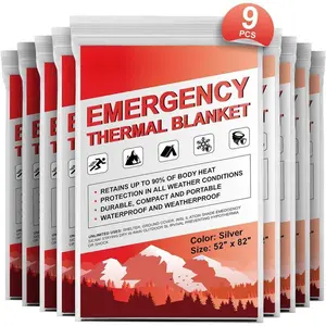 Sports & Outdoor 9 Pack Emergency Blankets, Outdoor Survival Emergency Insulated Gear, Mylar Thermal Space Insulated Blanket, Perfect for Camping, Hiking, Running, Marathon, Wilderness Rescue or First Aid