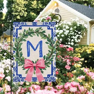 Personalized Garden Flag 12x18 Linen Double Sided Monogram Initials Boxwood Wreath Welcome Sign Front Porch Outdoor Decor Spring Home Gift