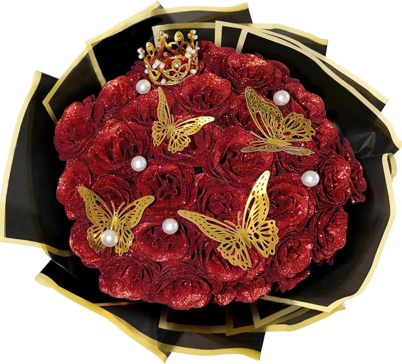 Red Glitter Roses Bouquet, 24 count Shiny Glitter  Bouquet, Everlasting Artificial Roses Bouquet for Mothers Day, Birthday, Anniversary, Wedding, Engagement, Christmas