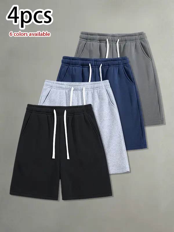 Pack of 4 men’s summer casual shorts: drawstring elastic waistband, skin-friendly and breathable fabric, loose fit—versatile for everyday wear, leisure, sports, and fitness.summervibes