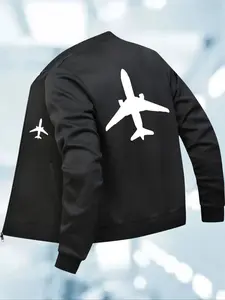 Men's Fitted Pilot Jacket, Airplane Print, Aviation Theme Zipper Coat, Stand Collar Full Zip, Polyester