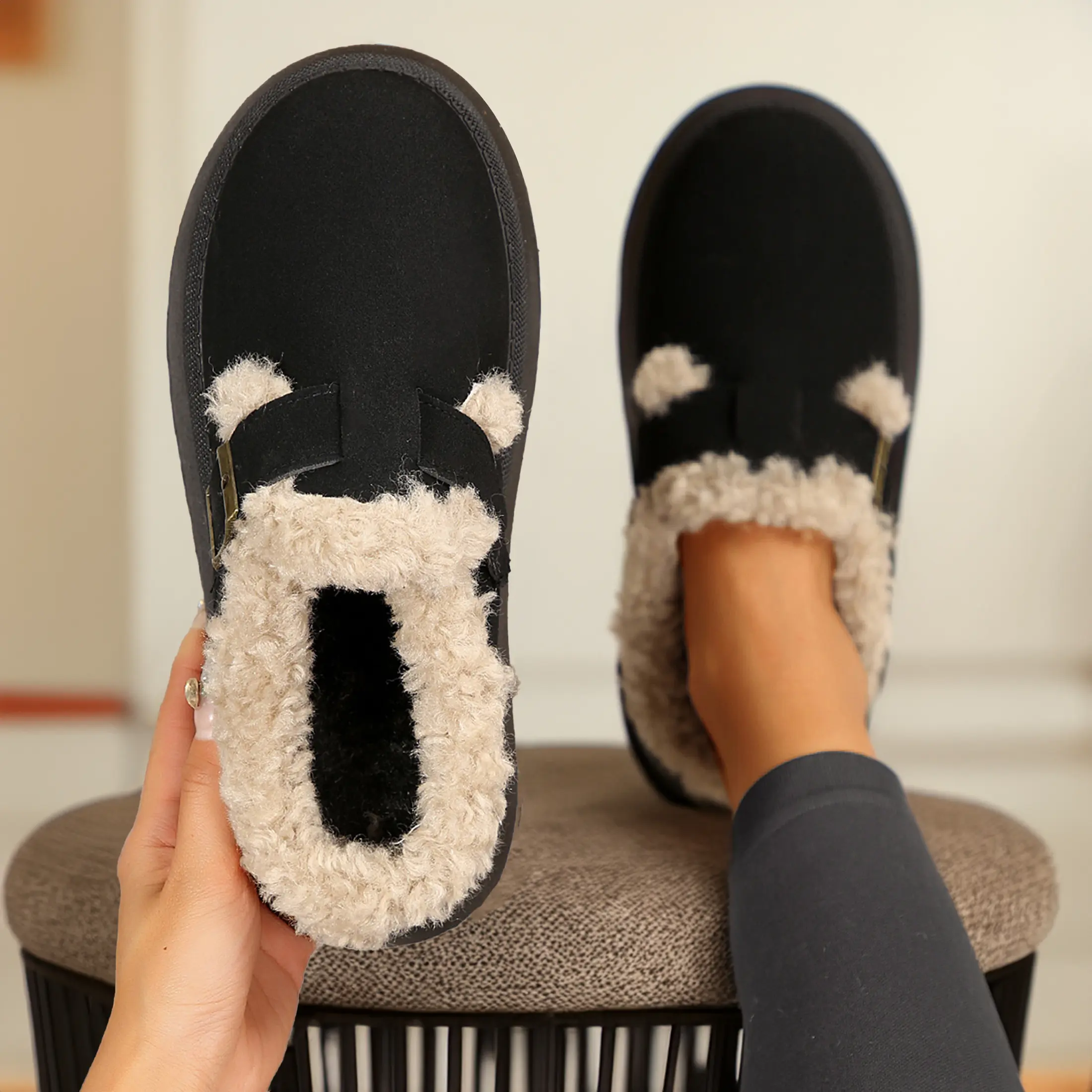 Women's Fashion Platform Fleece Slippers Plush Lined Mini Snow Boots with Buckle Accent Indoor Outdoor Shoes  for Winter Footwear Slide