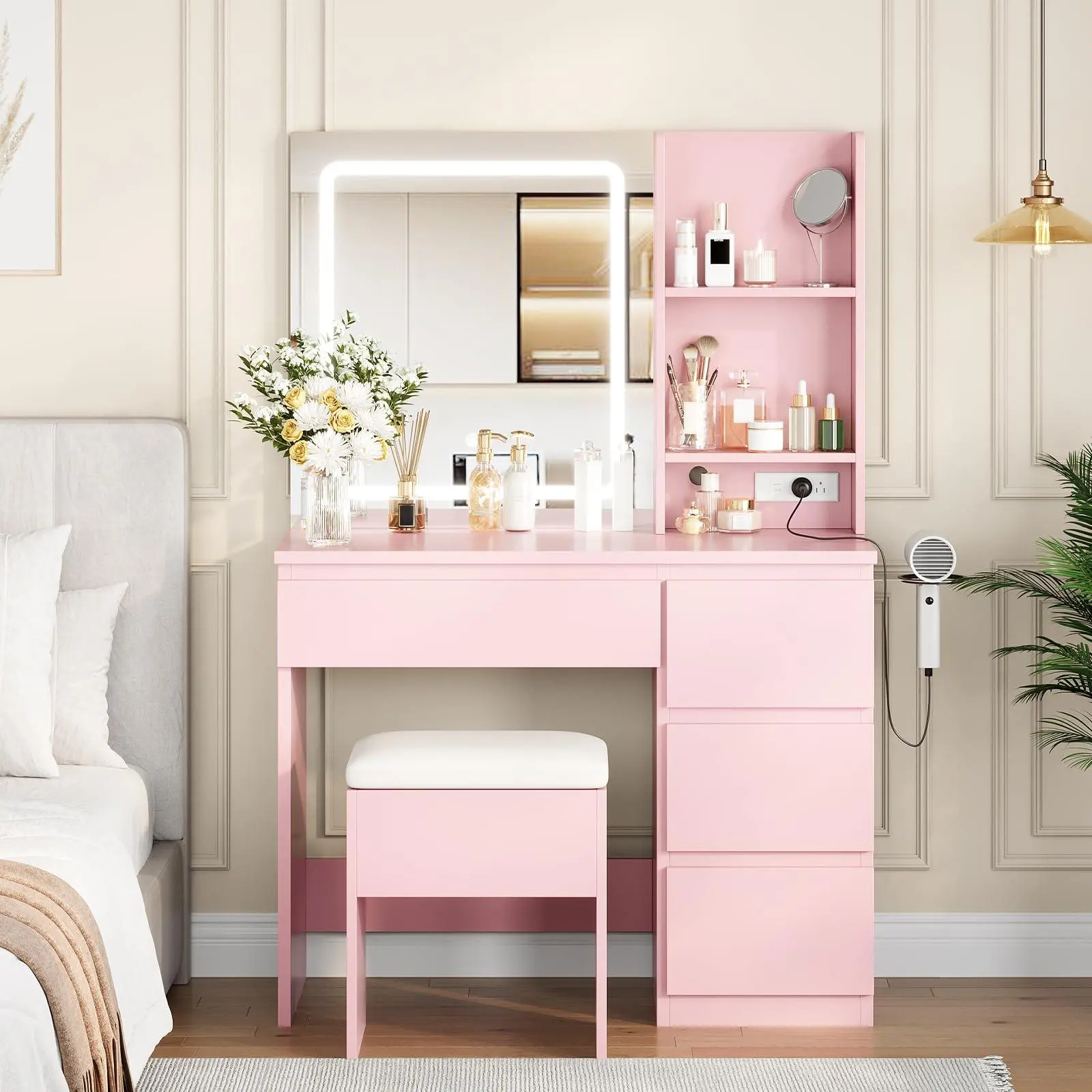 GAOMON Makeup Vanity Desk with Lighted Mirror, Dressing Table Set with 4 Drawers, Power Outlet, Storage Stool, Storage Shelves, Vanity Mirror 3 Lighting Color Adjustable, Vanity Set for Bedroom, Pink