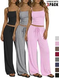 2026 Summer Women's Solid Cami Top & Wide Leg Pants Loungewear, Slim-Fitting Pockets Design, All-Season Comfortable Sleepwear Pajama Set