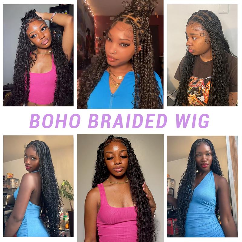Boho Braided Wig 36Inch Full Lace Premium Synthetic Knotless Box Braid Wig with Baby Hair Bohemian Curly Ends