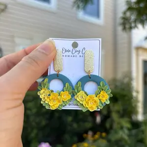 Olalaclayco Handmade Polymer Clay Earrings with Yellow Floral Design & Gold Accents by Olalaclayco