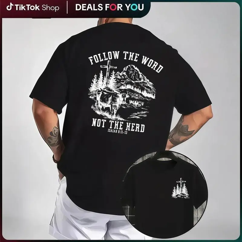 Unisex Cotton Short Sleeve Casual Apparel - "Follow The Word Not The Herd" Evangelical Christian T-Shirt with Cross, Cow, Mountain Graphic for Church, Outdoor Streetwear, Shortsleeve