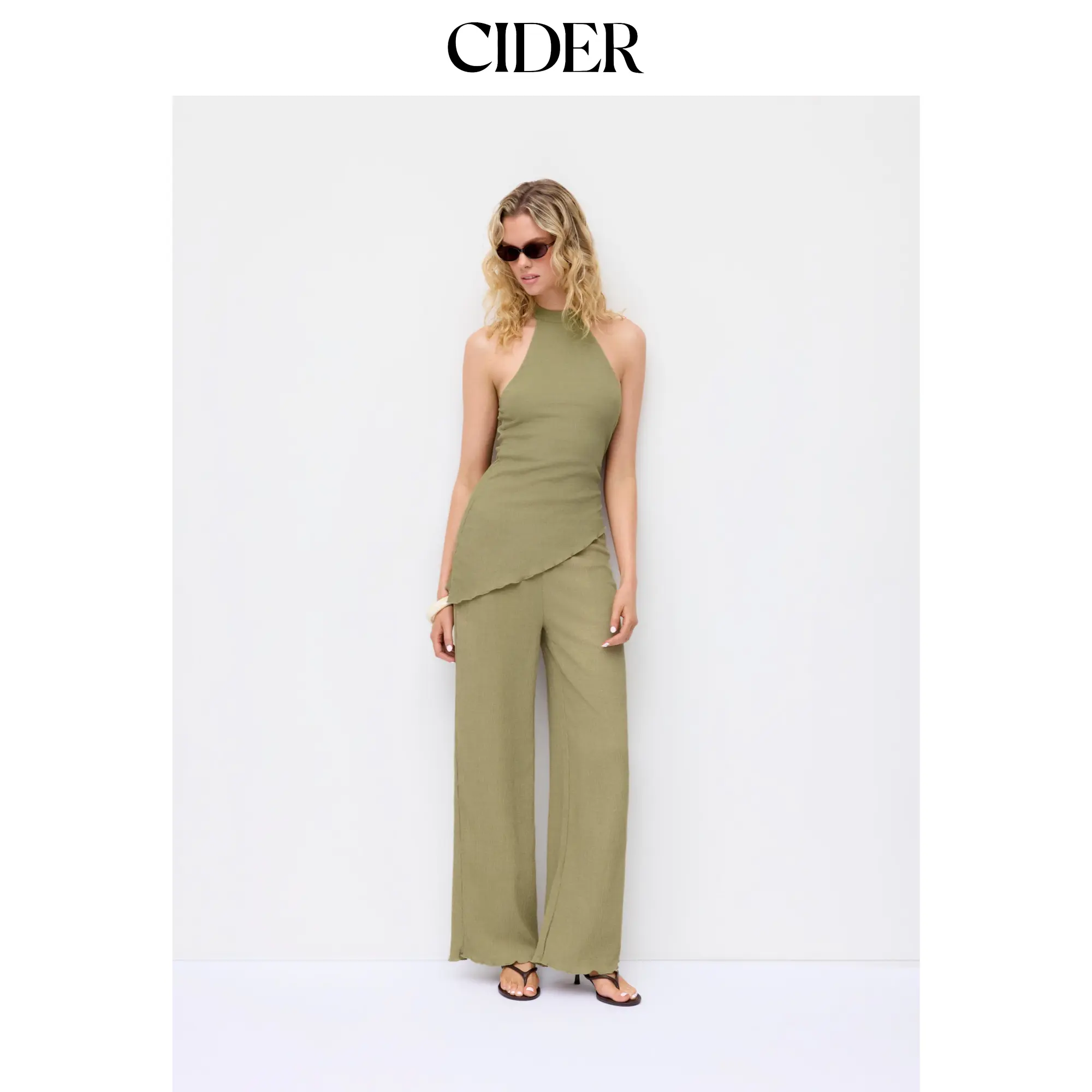Cider Women's Textured Halter 2-Piece Set, Sleeveless Asymmetrical Top and Straight Leg Trousers Outfit