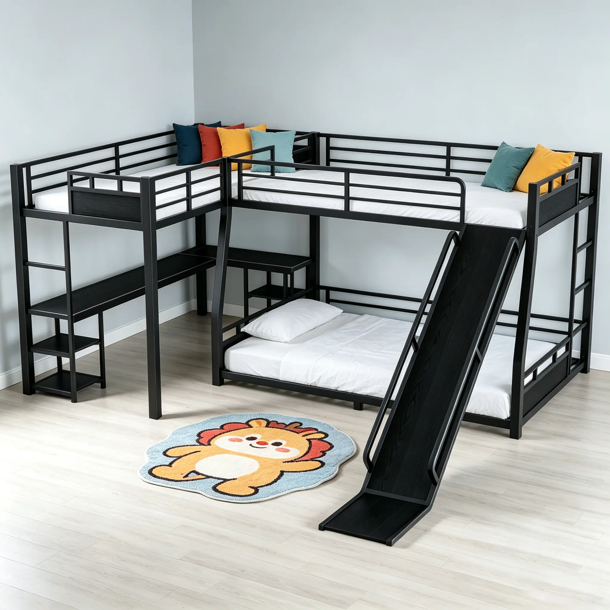 L-Shaped Metal Triple Bunk Bed with Full/FullXL Top, Queen Bottom, Twin XL Loft Bed, L-Shaped Desk, Storage Shelves & Slide, Space-Saving Kids Bed with USB Charging