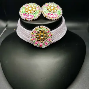 Hand-Painted Pink Lotus Choker Set with Kundan Center – Elegant Pearl Beaded Jewelry