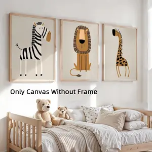 3Pcs Optinal Frame Boho Safari Animal Nursery Canvas Posters, Beige Zebra, Lion, Giraffe Wall Art, Aesthetic Room Decor, Artwork Wall Painting For Gift, Wall Decor For Living Room, Bedroom, Dining Room, Corridor, Home And Dormitory Decoration