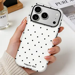 Cute Polka Dot iPhone Case, Minimalist Black White Happy Day Phone Cover, Soft Aesthetic Shockproof Case for iPhone 11-17 Pro Max FLLM260508006 Military Grade Rotating Camera