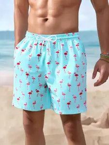 Men's Flamingo Print Drawstring Waist Beach Shorts, Regular Fit Casual Comfy Swim Shorts for Summer, Men's Shorts for Beach Vacation, Summer Swim Trunks