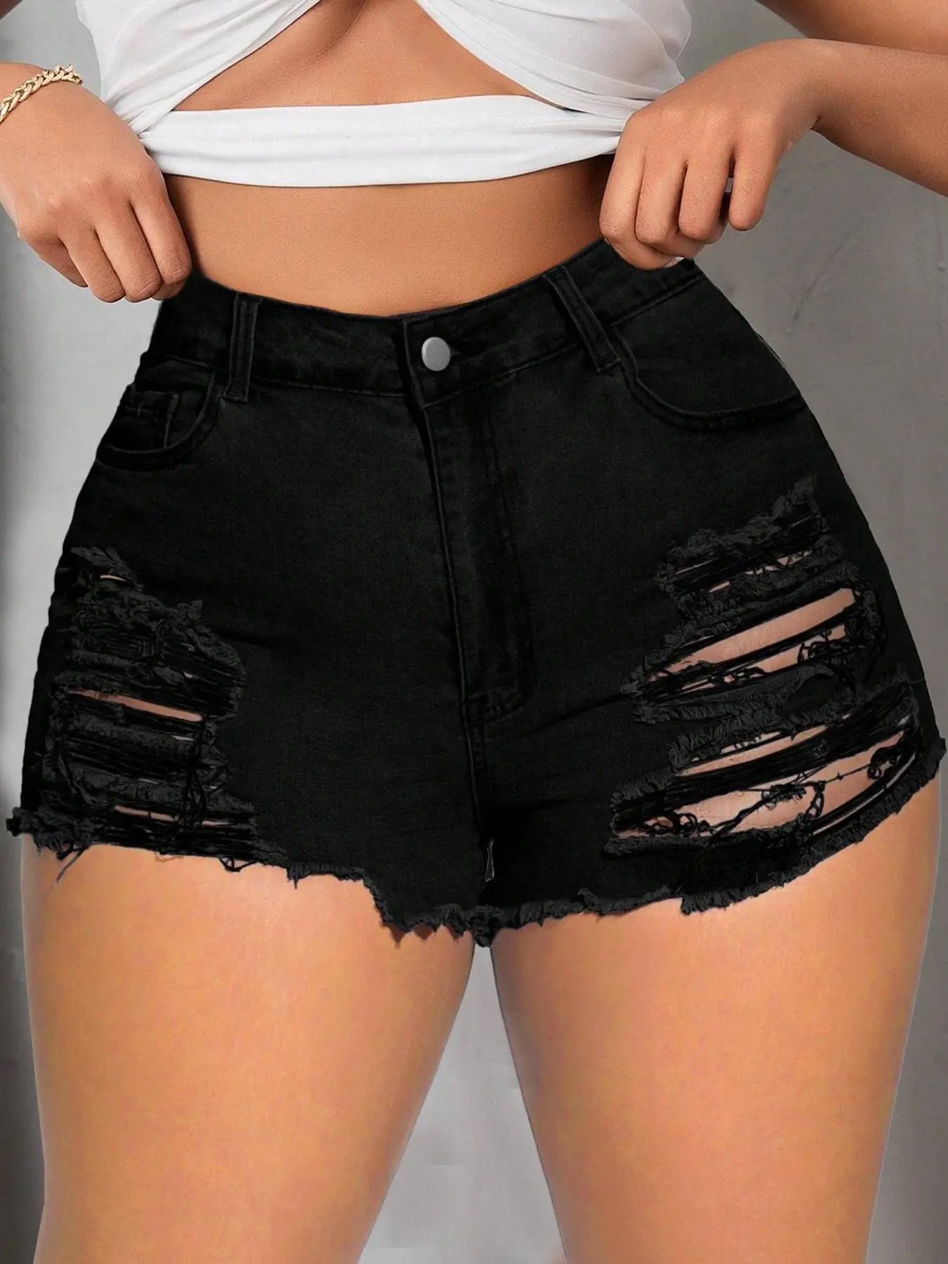 【Plus Size】 Women's High Waist Ripped Stretch Denim Mom Shorts, Distressed Denim Shorts, Casual Fashion Shorts for Daily Outdoor Wear, Women Plus Size Clothing for Summer, Bottom