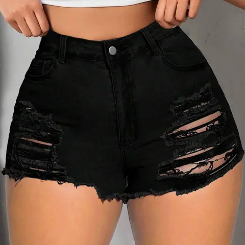 Women's High Waist Ripped Stretch Denim Mom Shorts, Distressed Denim Shorts, Casual Fashion Bottoms, Women's Plus Size Clothing for Summer, Cool Denim Shorts for Daily Outdoor Wear, Frayed Denim Short